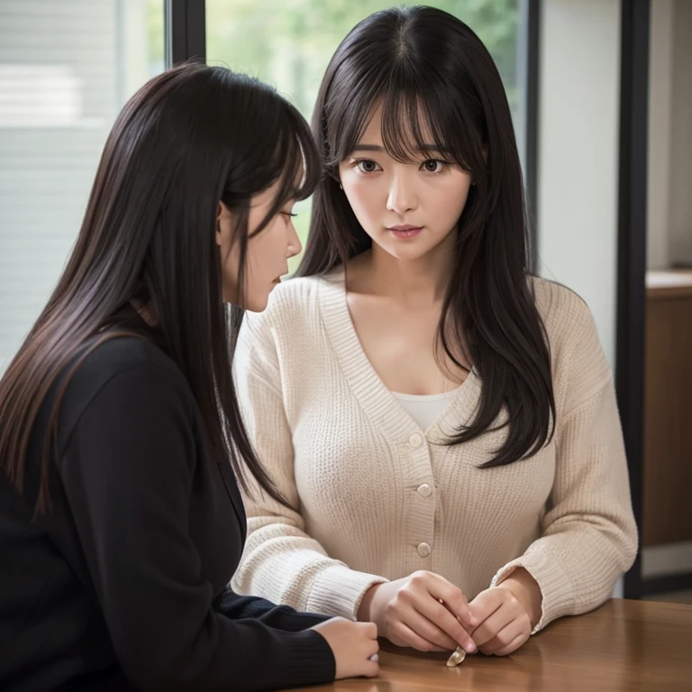 45-year-old married woman、Confessing to a small-breasted and unattractive female college student、Long Black Hair、Puzzled、Love confession scene、from the front、Not cute、Choibusu、A Cup