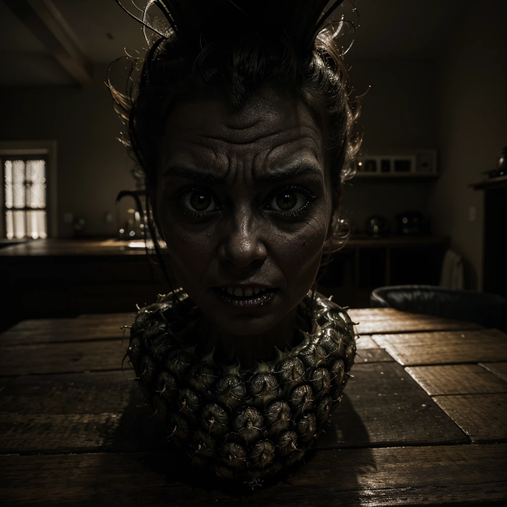 a terrifying pineapple with human eyes, sharp teeth, malevolent gaze, on a kitchen table, photorealistic, highly detailed, dark horror atmosphere, dramatic lighting, chiaroscuro effect, cinematic, moody, unsettling, surreal, nightmarish, ominous, disturbing, twisted, eerie, sinister, uncanny
