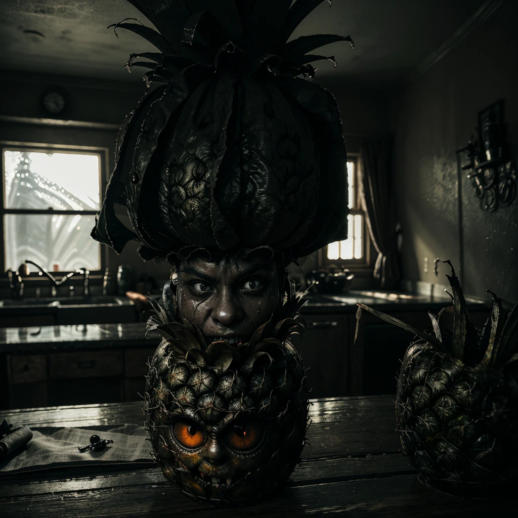 a terrifying pineapple with human eyes, sharp teeth, malevolent gaze, on a kitchen table, photorealistic, highly detailed, dark horror atmosphere, dramatic lighting, chiaroscuro effect, cinematic, moody, unsettling, surreal, nightmarish, ominous, disturbing, twisted, eerie, sinister, uncanny