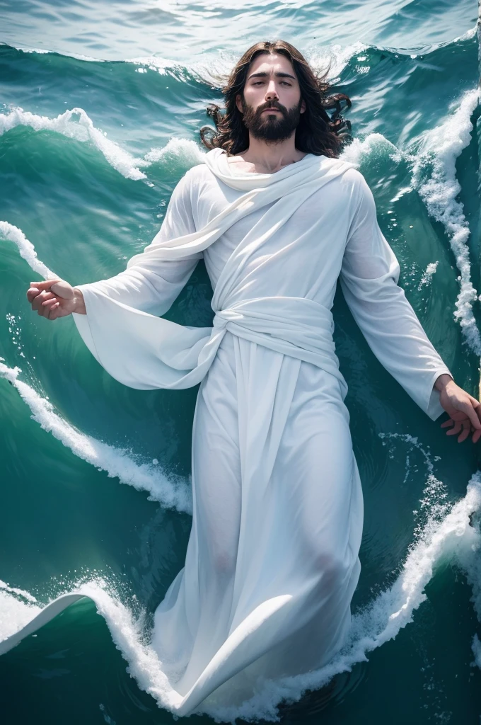 Jesus in the sea with white clothes , in perfect lighting
