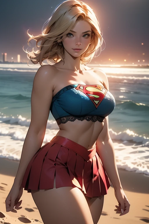 nsfw: 1.5, masterpiece, best quality, high quality, high definition, high quality textures, high quality shadows, high definition, beautiful detail, highly detailed CG, detailed textures, realistic representation of faces, realistic, colorful, delicate , cinematic lights, side lights, lens flares, ray tracing, sharp focus, supergirl, ((best quality, masterpiece, absurd, 8k)), 1 girl, solo, 21, Supergirl (Helen Slater), huge breasts , huge breasts, bra, long hair down to her hips, long hair, short hair, voluminous hair, white skin tone, green eyes, bright expressive eyes, huge breasts, she is supergirl, Supergirl cosplay, ((blue strapless lace bra ))(( red garter pleated mini skirt 7/8)), blushing, embarrassed expression, shy smile, terrace construction, daytime, pretty, young woman, hands behind) (1girl, __focus__:1.3), (intricate details , makeup, PureErosFace_V1:0.5), (delicate beautiful face with details, beautiful delicate eyes in details, perfect face proportions, dense skin, ideal proportion of four fingers and one thumb, arms under the chest, huge breasts, wide hips, abdomen flat top, thin, blond: 1.3), beach, sand, sea, mini waves in the sea, no hands