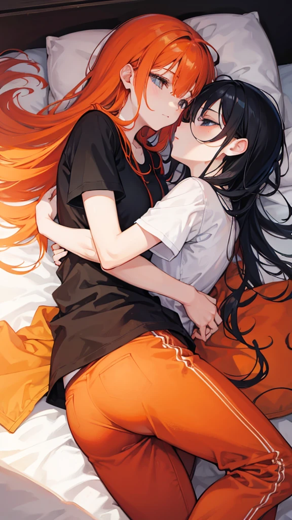Boy with orange hair sleeping with a girl with long black hair