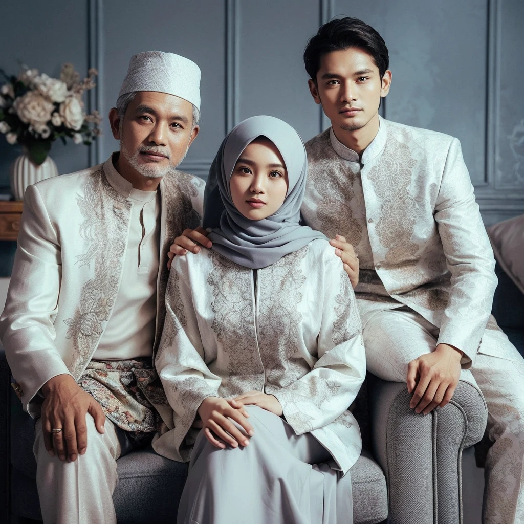 photo of an Indonesian family, three members, 50 year old father, 20 year old girl wearing a hijab, 20 year old man, they are compactly wearing luxurious white batik clothes combined with gray, sitting on luxury living room chairs, living room wall background, studio photo, realistic , blue lighting, ultra HD, 8k 