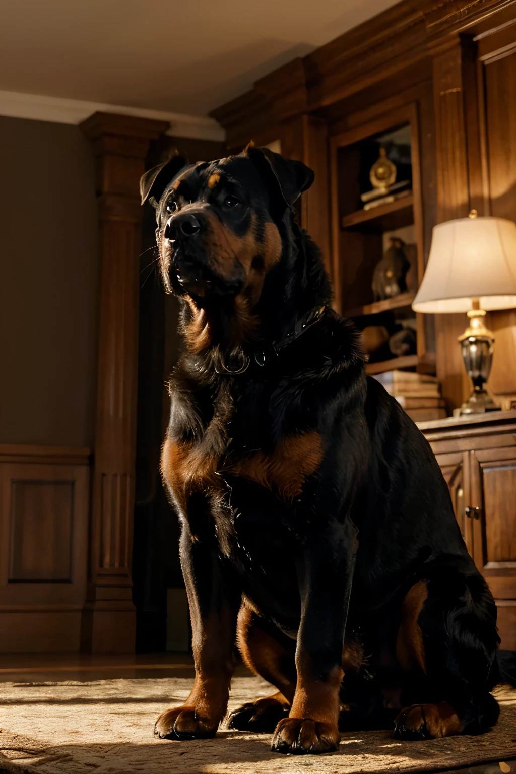 (Ultra-Detailed, Best Quality, Masterpiece: 1.3)
In a perfectly lit room, a majestic Rottweiler, of imposing size, stands regally in the center. The dog's fur, a rich, dense, and meticulously detailed coat of mahogany shades, glows under the soft, warm ambient light. His eyes, piercing and intelligent, radiate an aura of calm wisdom. The room, though dimly lit, is filled with a gentle, honeyed glow, casting intricate shadows that dance upon the dog's powerful frame. The depth of field is shallow, with the Rottweiler sharply in focus, while the