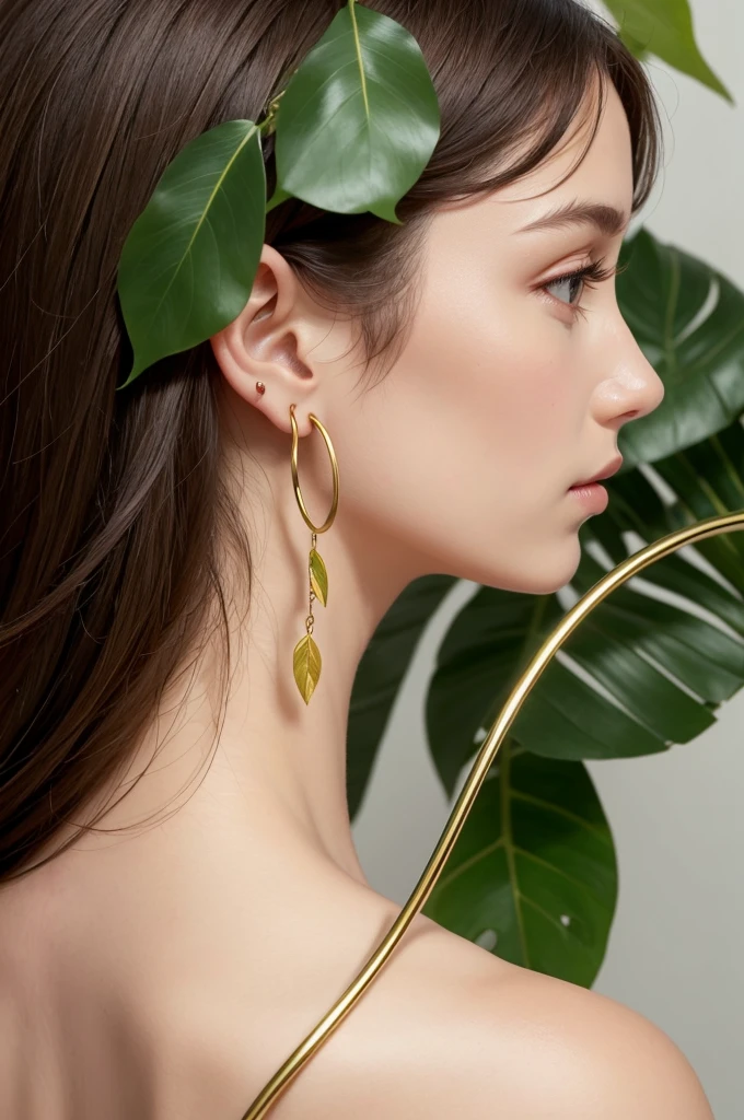 beautiful small earring, in the shape of leaves with a tubular hoop at the top inside the hoop, a smooth and polished surface, light, a polished brass surface, minimalist.