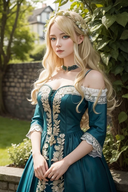 ((best qualityer)), ((work of art)), (detailded), eleven, With Blue and Green Eyes, longye hair, Curly and Blonde, Leafy Dress With Leaves, Flowers And Medieval