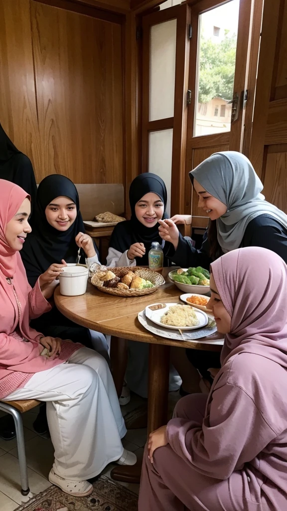 a group of Muslim women who are feeding the poor and orphans with kindness and compassion. They sat together around a simple dining table but filled with nutritious food. Their facial expressions show joy and peace in sharing their good fortune with those in need. The background can be an urban or rural environment which reinforces the impression of social kindness and concern for others. Sunlight or warm natural lighting adds a touch of warmth and kindness to the moment. very real, high resolution, 8k resolution, intricate details
