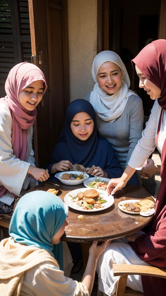a group of Muslim women who are feeding the poor and orphans with kindness and compassion. They sat together around a simple dining table but filled with nutritious food. Their facial expressions show joy and peace in sharing their good fortune with those in need. The background can be an urban or rural environment which reinforces the impression of social kindness and concern for others. Sunlight or warm natural lighting adds a touch of warmth and kindness to the moment. very real, high resolution, 8k resolution, intricate details