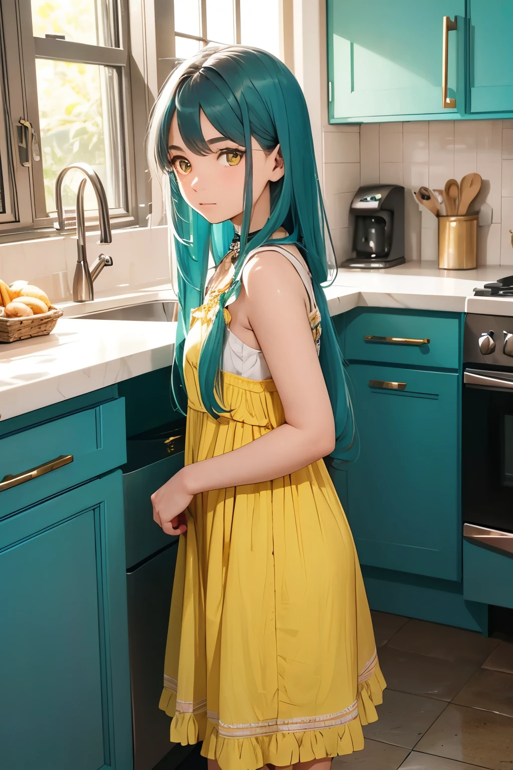A girl or age 27 with turquoise long hair and beautiful yellow eyes. Pale and fair skin. Wearing sundress. Standing infront of kitchen