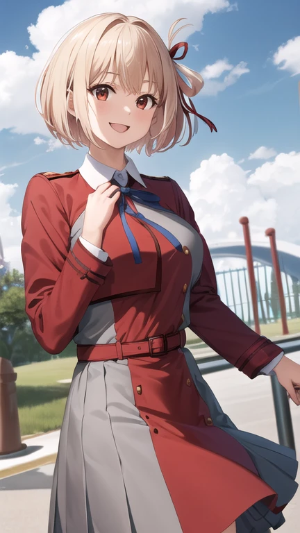 masterpiece, best quality, highres, aachisato, short hair, hair ribbon, breasts, neck ribbon, collared shirt, lycoris uniform, two-tone dress, red dress, grey dress, long sleeves, red belt, waving, smile, amusement park, standing