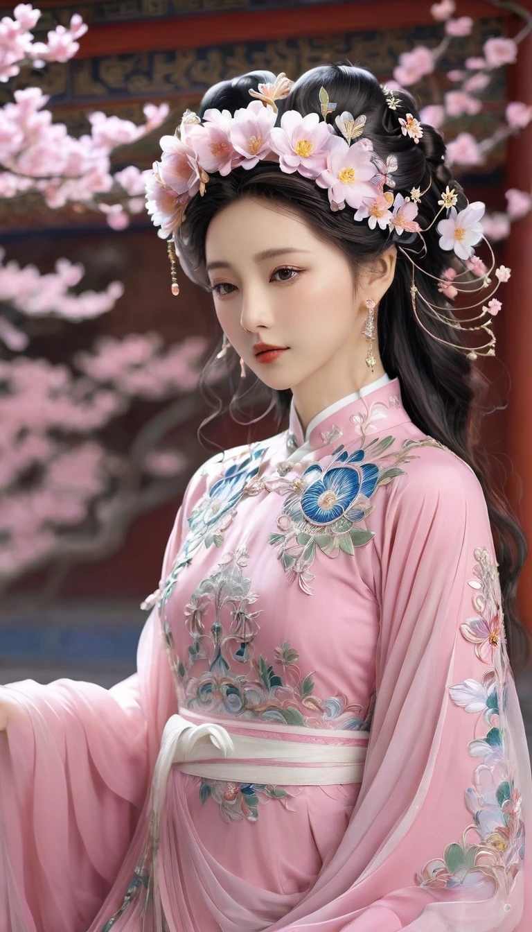 Wearing a pink dress、Alafi woman wearing a flower crown, Color photos inspired by Lanying, cg Social Hotspot, realism, Hanfu, palace , Girl wearing Hanfu, ancient Chinese Princess, Beautiful fantasy queen, Ancient Chinese Art Style, Asian Dynasty Princess, Chinese Queen, White Hanfu, Chinese Princess,look down,