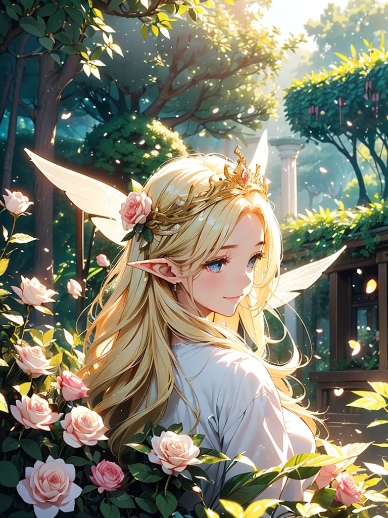 最high quality、1woman elf 、beautiful Hair、blondes、Various roses Beautiful foam、、CourtyardShining fairy wings、AND.g: Worst quality ,Flower fractal art 、see-throughbodystocking,Beautiful side shot, radiance,High-definition depiction, Realistic, 8K, Unity, beautiful Shot, light smile, Beautifully and vividly drawn, , Beautiful, beautiful, clear skin、sexy,beautiful dress,Countless rays of light pouring down, Swirling Light, big background, Raise one arm above your head, Intense light is emitted from the magic circle in front of the girl. forest、Lots of leaves、green leaves、flower、Particles of light、Iridescent prism、sunset、Romanticism,Cowboy Shot: The most beautiful form of chaos, Mr..々colour, Intertwined flowers, Particle,magical gentle light,smile,sexy,image quality、masterpiece、Beautiful Face、Super beautiful elf woman((Big breasted 22 year old office lady、Nipples、Bust 100,Beautiful long ironed hair 、blondes hair,height: 165cm。、sexy、ANDsbian、、high quality、、background((Star Narski)))、Starry Sky、Visual art、Written boundary depth、、ANDlf ANDars、、universe、Happy smile、gentle light、ANDlf forest、elegant、ticker beautiful decorative、、magic、forest、Beautiful tiara、Beautiful bed、Beautiful Landscape、A kind smile、wonderful、Fluttering petals、Dance happily、、Cultivate fantasy、、Mystery light Lots of flowers、、art、forest, palace, art,mystery,Ultra-high resolution,atmosphere,uhd