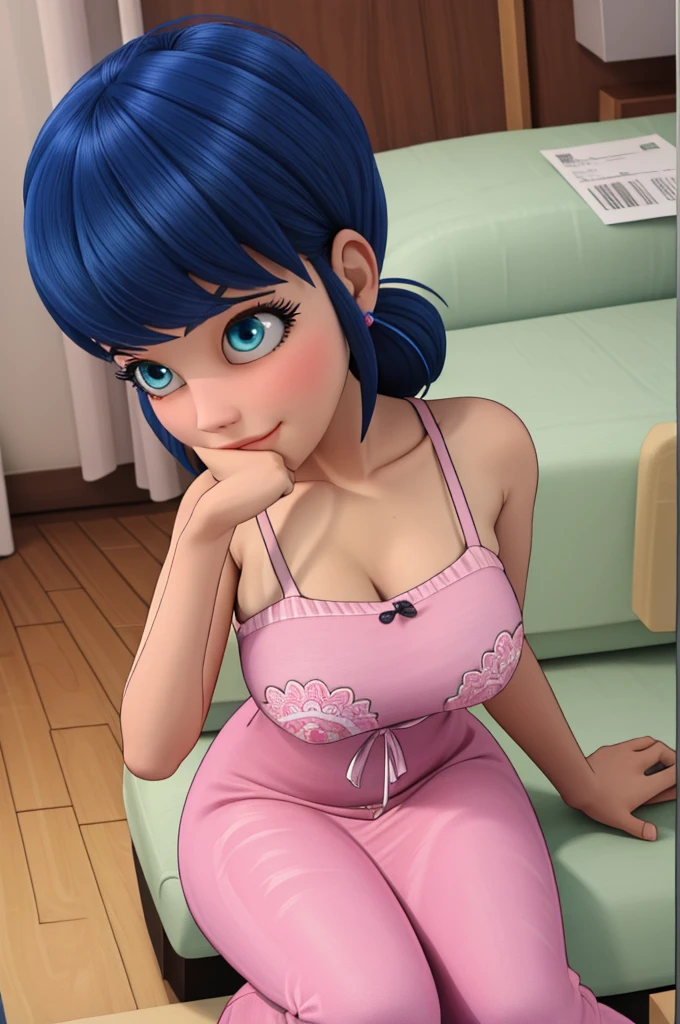 (8k, RAW photo, best quality, masterpiece:1.2), (intricate details), perfect eyes, perfect face, perfect lighting, beautiful, (masterpiece:1.2), (best quality:1.2), 1girl, Marinette, blue hair, ((hair in ponytails)), adult torso, 19 years old, slight smile, huge sized breasts, cowboy shot, 3DMM, laying in bed,