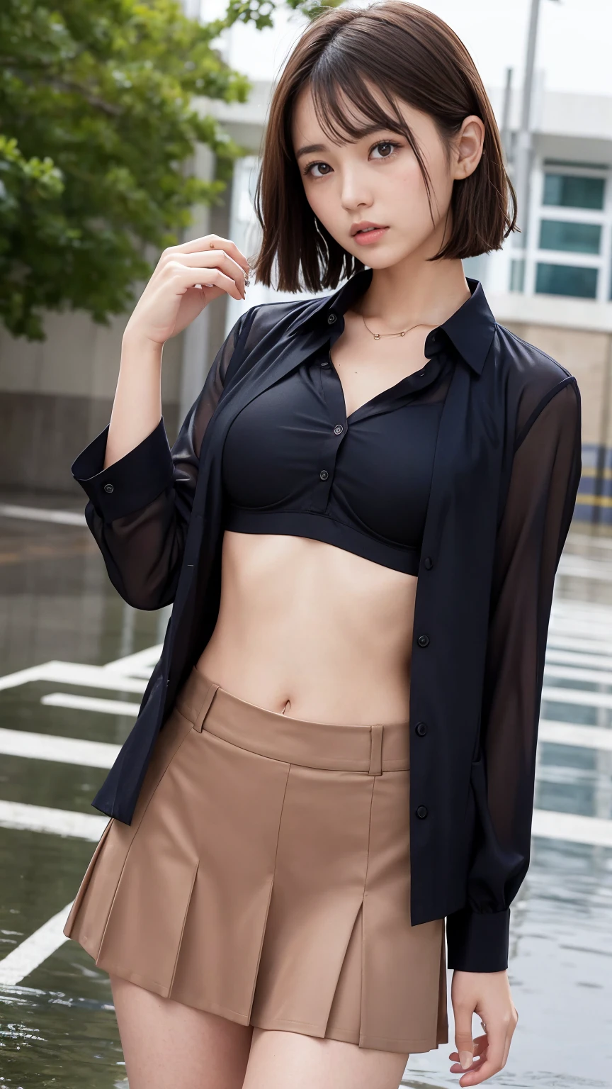 (One woman), short bob, 18 years old, Japanese, brown eyes, brown hair, slim figure, flat chest, high school girl, school summer uniform
Blake
Facial expression and background
Her whole body got wet from a sudden rain, and her blouse became transparent, giving a faint glimpse of her bra