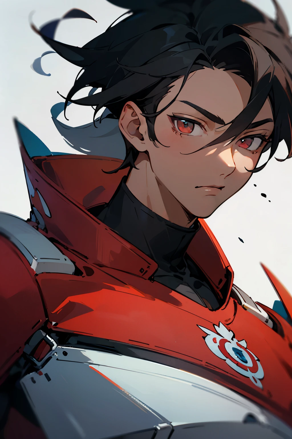 ((best quality)), ((masterpiece)), (detailed), male, sharp, angular features, dark complexion, teenager, crimson eyes, wild jet-black hair,