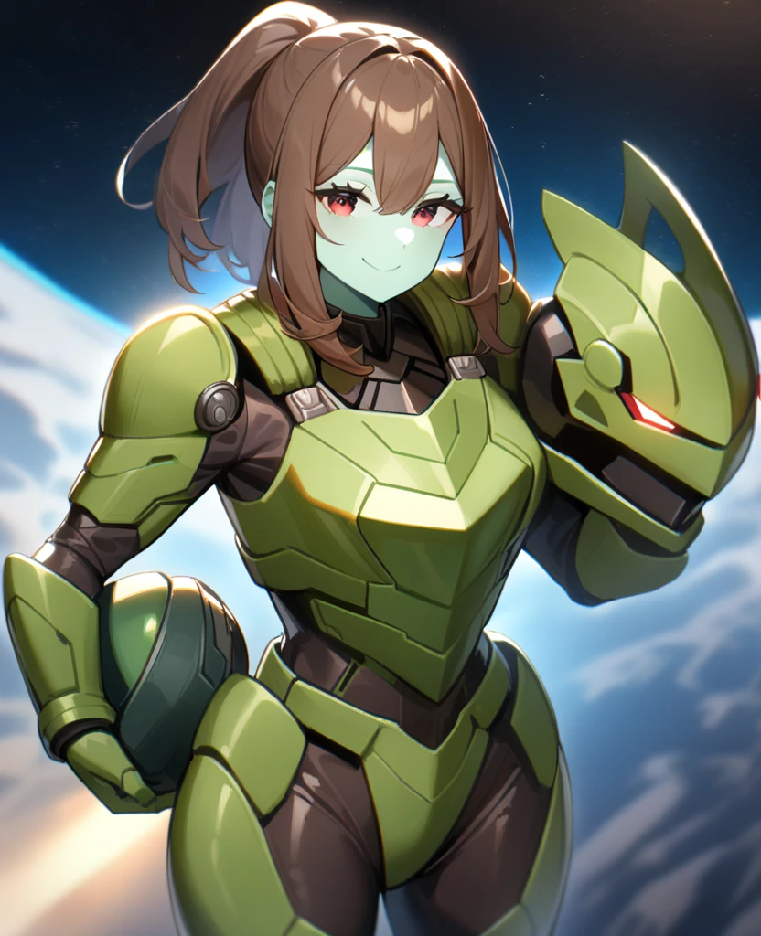 1girl, Makoto Kino,solo,red eyes,((BROWN hair:1.5)),green power armor,ponytail,((pale green skin)),green chest armor,cowboy shot,in space ship,zero gravity,Science fiction,ultra-detailed,sharp focus,aesthetic,(best quality) smiling, holding helmet, holding halberd, tall woman