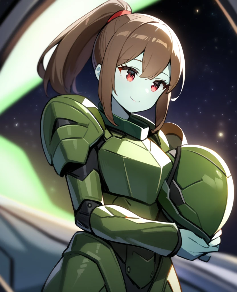 1girl, Makoto Kino,solo,red eyes,((BROWN hair:1.5)),green power armor,ponytail,((pale green skin)),green chest armor,cowboy shot,in space ship,zero gravity,Science fiction,ultra-detailed,sharp focus,aesthetic,(best quality) smiling, holding helmet, holding halberd, tall woman