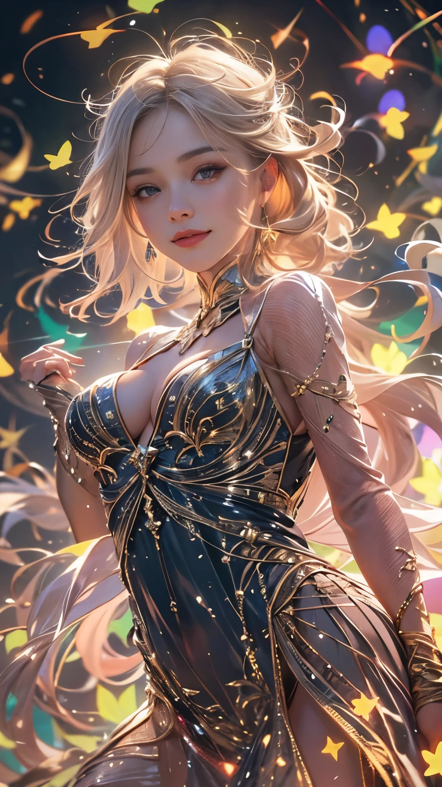 (8K, Highest quality, masterpiece: 1.2), (Realistic, photo Realistic: 1.37), Very detailed, One Girl, Wide viewing angles, Firefly Garden, Small faint lights and flying fireflies, night, lantans, Yasutomo Oka's Painting style, big firm bouncing bust, I can see her cleavage, Intricate details, Splash screen, 8K resolution, masterpiece, A kind smile, Mysterious Background, aura, A gentle gaze, break, blonde, Dynamic sexy pose,