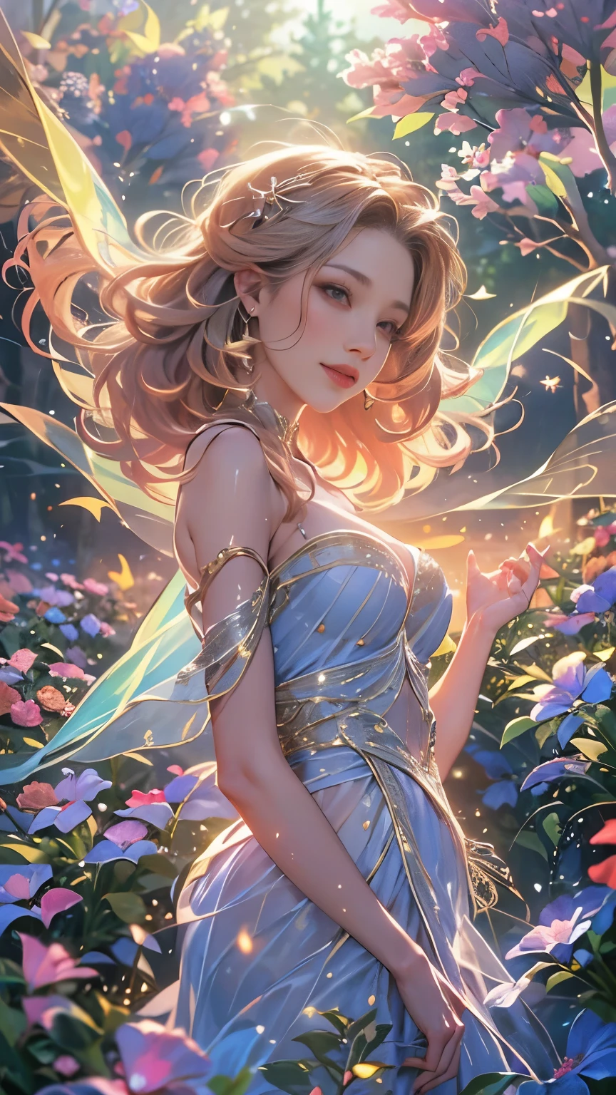 (8K, Highest quality, masterpiece: 1.2), (Realistic, photo Realistic: 1.37), Very detailed, One Girl, Wide viewing angles, Firefly Garden, Small faint lights and flying fireflies, night, lantans, Yasutomo Oka's Painting style, big firm bouncing bust, I can see her cleavage, Intricate details, Splash screen, 8K resolution, masterpiece, A kind smile, Mysterious Background, aura, A gentle gaze, break, blonde, Dynamic sexy pose,