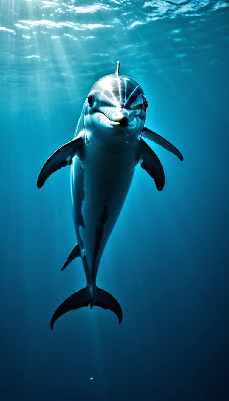 Swimming in the ocean、Dolphin in its purest form、Translucent movie stills (Dolphin as a cybernetic robot:1.5), (Glowing Veins:1.3) (The cable enters the body, circuit:1.3), Very detailed, Vignette, Very detailed, High budget, Bokeh, Sulky, amazing, nice, Film Grain, granular