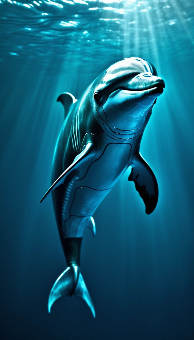 Swimming in the ocean、Dolphin in its purest form、Translucent movie stills (Dolphin as a cybernetic robot:1.5), (Glowing Veins:1.3) (The cable enters the body, circuit:1.3), Very detailed, Vignette, Very detailed, High budget, Bokeh, Sulky, amazing, nice, Film Grain, granular