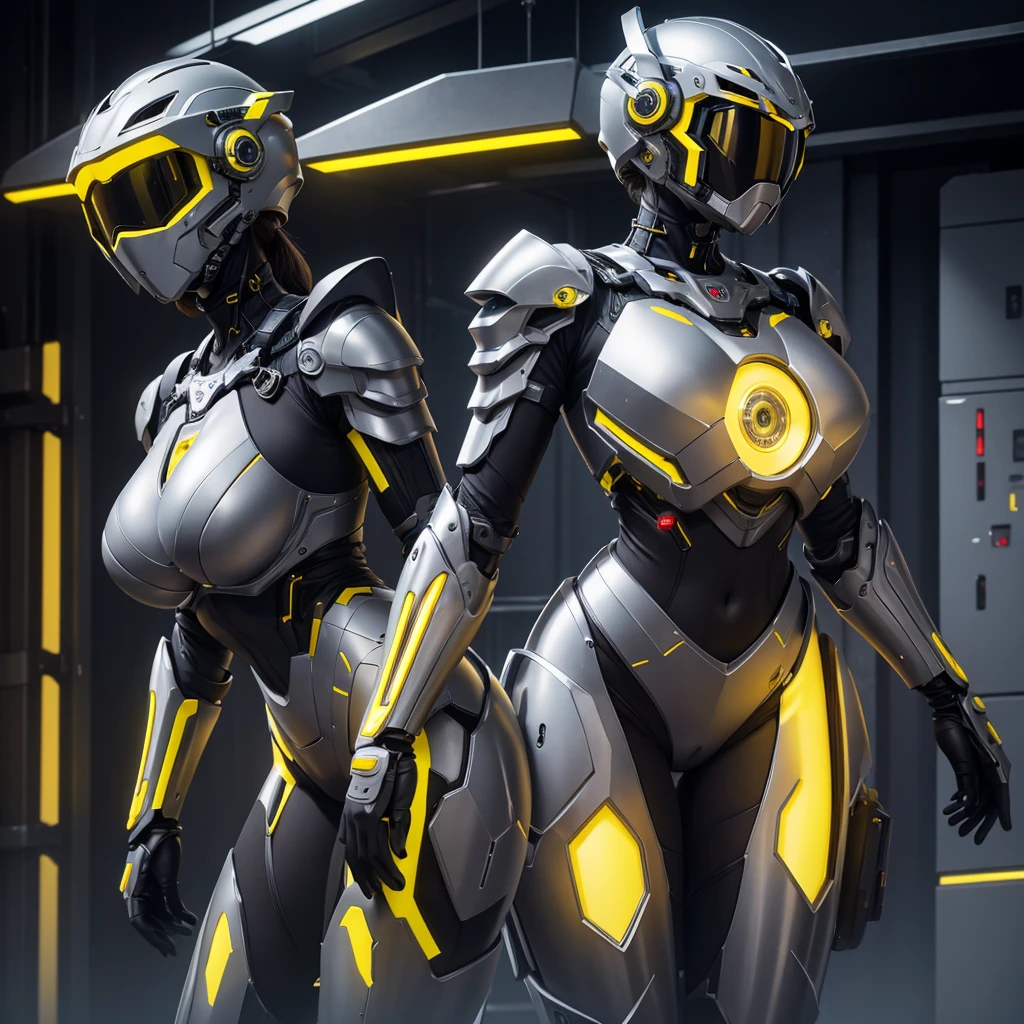 (masterpiece), (best quality), (high res) Solo, (perfect anatomy) Dronificated unknown woman , (enclosed gray full body heavy armor) (yellow lights) (yellow circular glowing core in the chest), (enclosed cyber helmet), mechanical wings, (yellow screen), huge breast, narrow waist, wide hips, thick thighs, in a storage, (no face) no face, no hair, no mouth, no eyes, in a factory