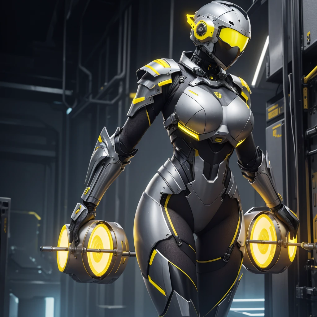 (masterpiece), (best quality), (high res) Solo, (perfect anatomy) Dronificated unknown woman , (enclosed gray full body heavy armor) (yellow lights) (yellow circular glowing core in the chest), (enclosed cyber helmet), mechanical wings, (yellow screen), huge breast, narrow waist, wide hips, thick thighs, in a storage, (no face) no face, no hair, no mouth, no eyes, in a factory