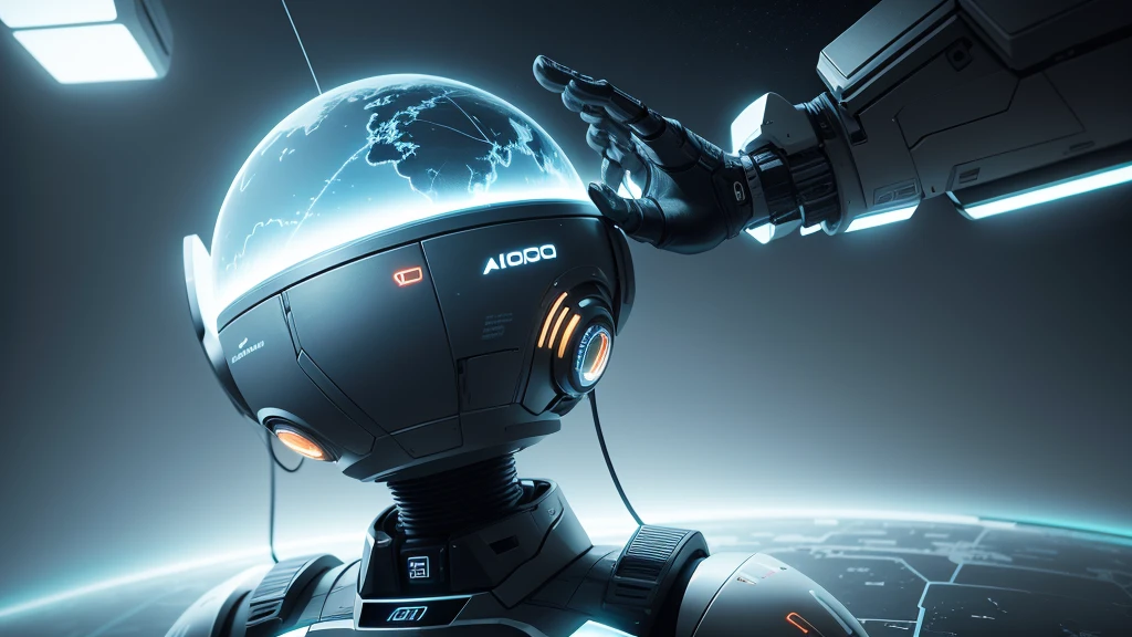 "Generate an illustration of AIOT (Artificial Intelligence of Things) smart connectivity. The background should feature an AI robotic arm with its palm facing up, holding a suspended, monochromatic, sci-fi-styled globe above it. The globe should represent technology, innovation, and information security. No text on the image. The photo style should be minimalistic, sci-fi, bright, and natural in color."