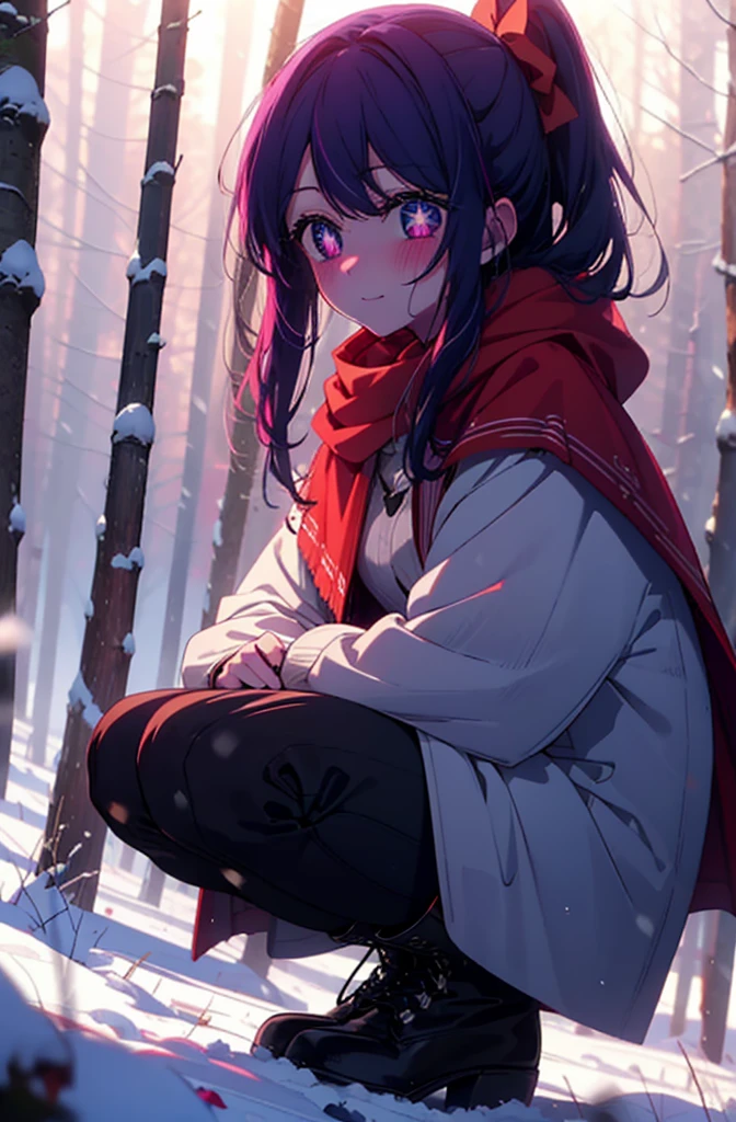 aihoshino, Ai Hoshino, Long Hair, bangs, (Purple eyes:1.1), Purple Hair, (Symbol-shaped pupil:1.5), smile,,smile,blush,White Breath,
Open your mouth,snow,Ground bonfire, Outdoor, boots, snowing, From the side, wood, suitcase, Cape, Blurred, , forest, White handbag, nature, Squat, Mouth closed, Cape, winter, Written boundary depth, Black shoes, red Cape break looking at viewer, Upper Body, whole body, break Outdoor, forest, nature, break (masterpiece:1.2), Highest quality, High resolution, unity 8k wallpaper, (shape:0.8), (Beautiful and beautiful eyes:1.6), Highly detailed face, Perfect lighting, Extremely detailed CG, (Perfect hands, Perfect Anatomy),