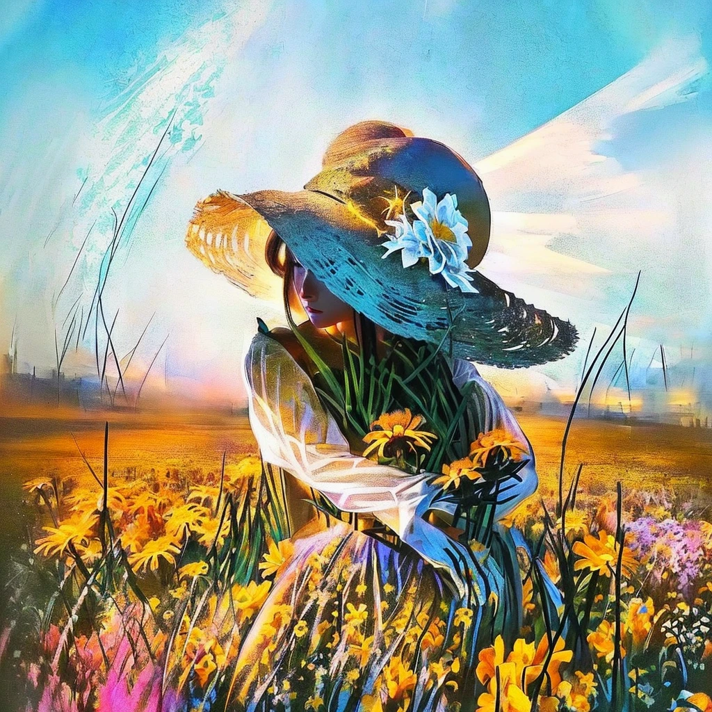 double exposure、silhouette、there is a woman in a hat standing In the flower field, Straw hat beauty、Girl in the flower garden, woman in flowers, In the flower field, a girl floating in a flower field, Girl in Flowers, Portrait of Karan, Girl standing in a flower field,