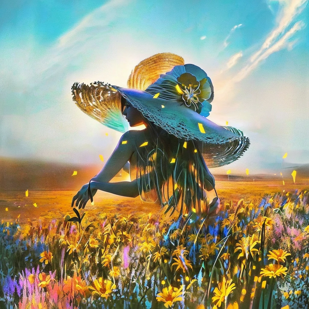 wide angle photo of a peasant woman holding a basket from which (thousands of sunflowers) flying and falling from the sky, (swirl of sunflowers) emerging from a peasant woman's basket, grotesque, ful body shot, cinematic lighting, high resolution, insane details, intricate details, hyperdetailed intricately detailed ultra realistic art trending on Artstation triadic colors Unreal Engine 5 detailed matte painting, deep color, fantastical, intricate detail, splash screen, complementary colors, fantasy concept art, 8k resolution, ultra realistic deviantart masterpiece, (dark shot:0.9), soft cinematic light, adobe lightroom, photolab, hdr, intricate, highly detailed
