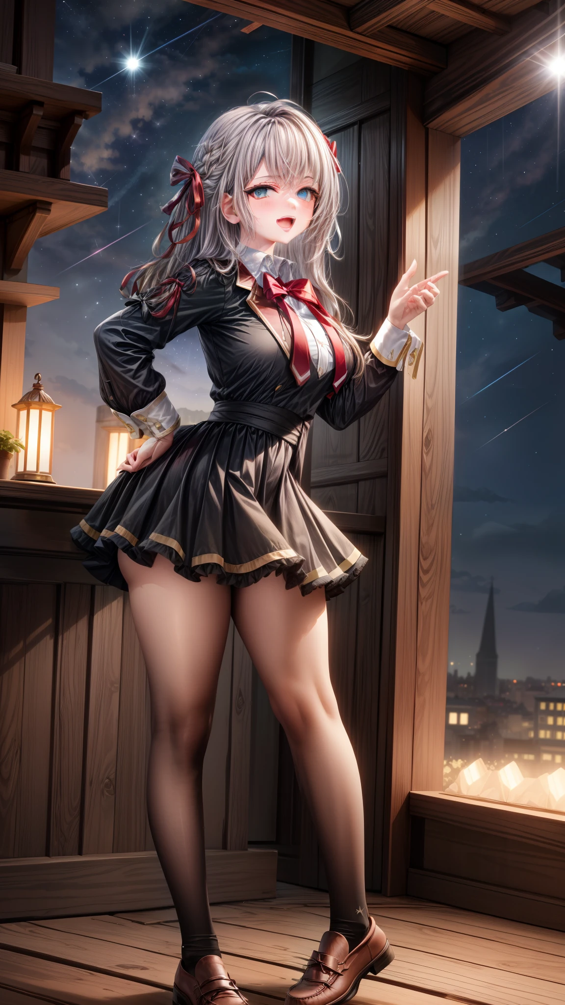 Alisa Kujou,
(night:1.7), 1 girl standing at attention, 22 years,young female,beautiful Finger, beautiful long legs ,beautiful body ,beautiful Nose ,beautiful character design, Perfect eyes, perfect face,
There is an anime girl., 1 girl, thighs, Alone, (very short skirt:1.4), Blue eyes, old, black dress ,elegant , long socks (short dress) , neckline, bow, hand on hip, blush, black thighs, bowtie, inside, brown shoes, The Great Passage, moccasins, Shoes, large old, looking at the viewer , (Booty that emphasizes curvaceous beauty),take half distance, close up shot of open mouth, thighs,
looking at the viewer, smile, greeting the viewer, In the center of the image, Fondo de pantalla CG unity 8K extremadamente detallado, Perfect lighting,showy, bright_forehead_face_Lightinasterpiece:1.0),(better_quality:1.0), ultra high resolution,4k,ultra detailed,
Photography, 8K, HDR, high resolution, absurdities:1.2, codas portrait, film grain, blurred background, bokeh:1.2, Lens flare, (Vibrant_Color:1.2)
, (beautiful_face:1.5),(narrow_waist), (beautiful,huge_old:1.3)