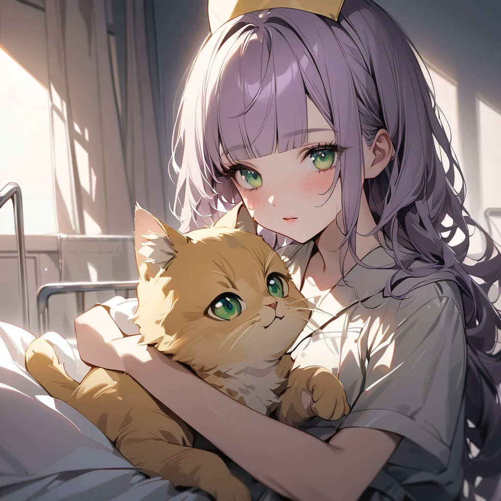 (Cute 2 girls:1.5), (masterpiece:1.3), anime visual, (one Girl lying in hospital bed, pale purple hair, blunt bangs, green eyes,pajamas,:1.3 ), (other girl: Nurse hat with yellow cat ears, yellow nurse uniform, short blonde hair, golden eyes, holding a big syringe:1.3),(Lovey-dovey:1.5), (tilt head:1.3), extremely delicate face, soft clean focus, realistic lighting and shading, (an extremely delicate and beautiful art:1.3), elegant, (muted colors:1.1),