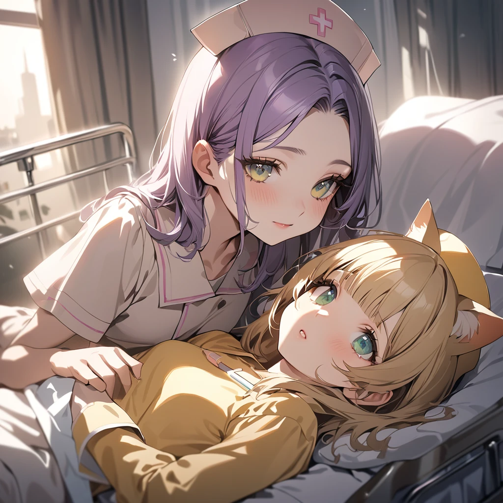 (Cute 2 girls:1.5), (masterpiece:1.3), anime visual, (one Girl lying in hospital bed, pale purple hair, blunt bangs, green eyes,pajamas,:1.3 ), (other girl: Nurse hat with yellow cat ears, yellow nurse uniform, short blonde hair, golden eyes, holding a big syringe:1.3),(Lovey-dovey:1.5), (tilt head:1.3), extremely delicate face, soft clean focus, realistic lighting and shading, (an extremely delicate and beautiful art:1.3), elegant, (muted colors:1.1),