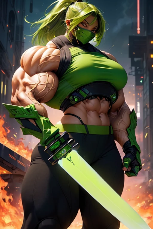((((Massive, beautiful, buff, muscular light brown skinned female ninja with green hair, black lipstick, ginormous bulky muscles, holding a green fire sword and wearing a green cybernetic ninja armor with pants)))), (close view), black eyeliner, massive muscles, large breast, massive biceps, hyper muscle triceps, (long curvy hair), orange eyes, mask, ninja boots, In a futuristic city, steel ninja armor, nighttime, closed smile, hyper muscles arms, hyper muscle legs, ginormous arms