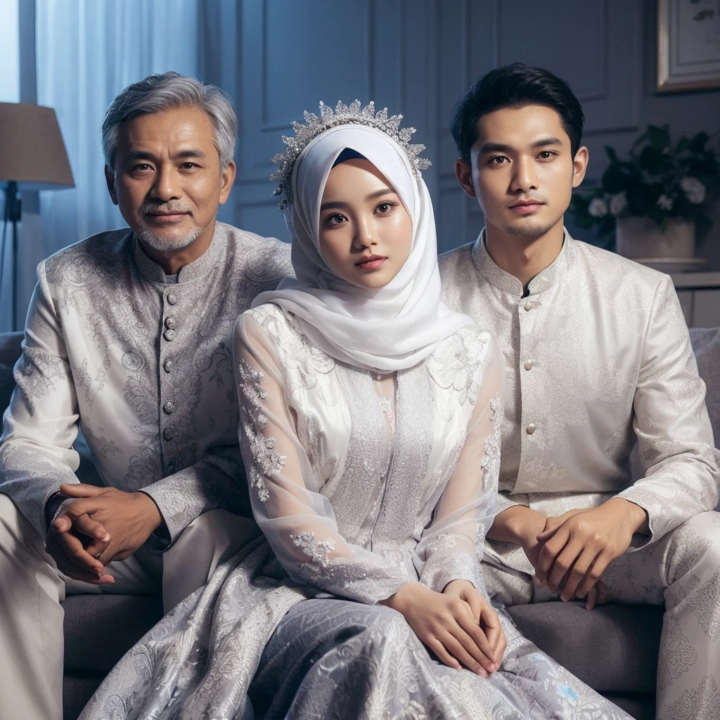 photo of an Indonesian family, three members, 50 year old father, 20 year old girl wearing a hijab, 20 year old man, they are compactly wearing luxurious white batik clothes combined with gray, sitting on luxury living room chairs, living room wall background, studio photo, realistic , blue lighting, ultra HD, 8k