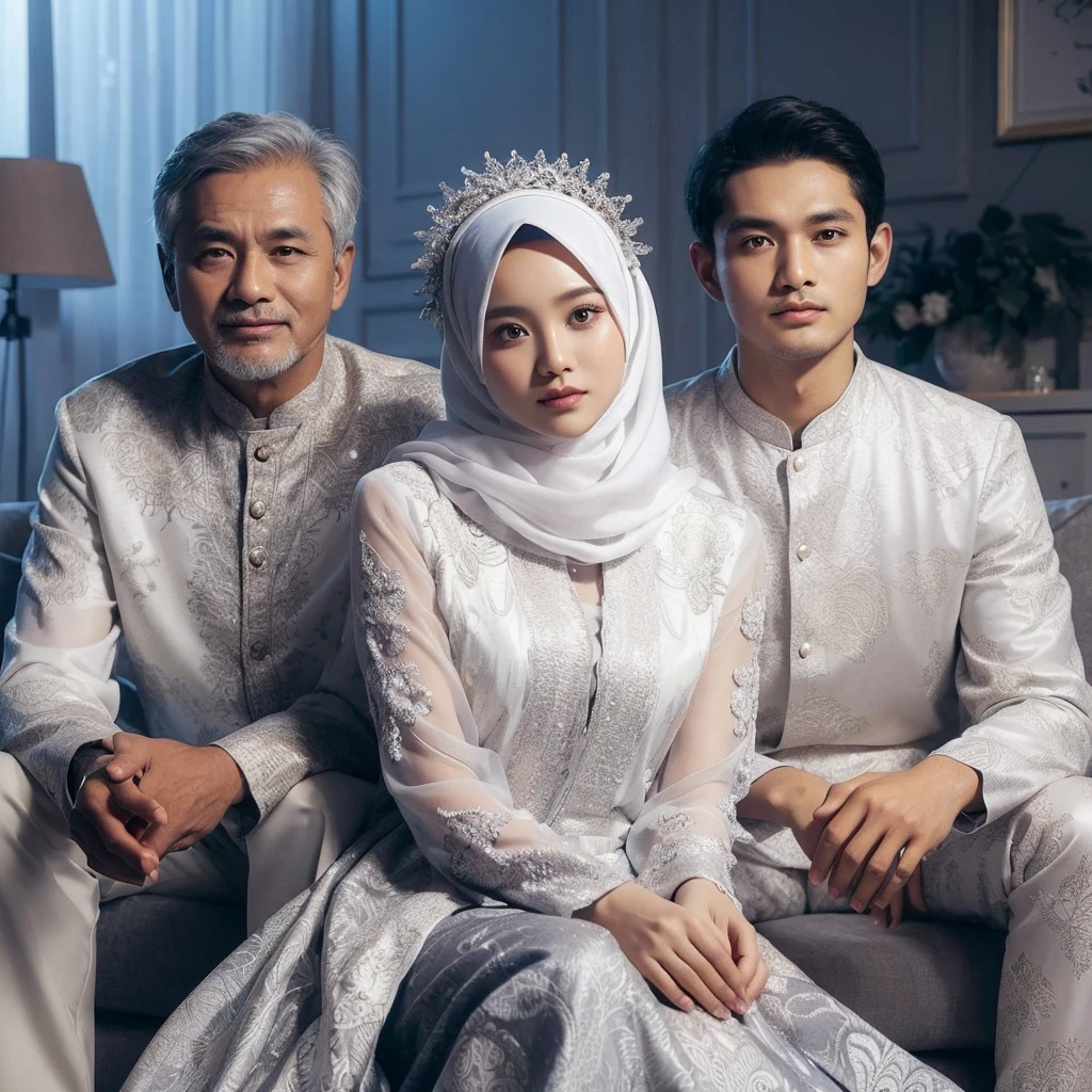 photo of an Indonesian family, three members, 50 year old father, 20 year old girl wearing a hijab, 20 year old man, they are compactly wearing luxurious white batik clothes combined with gray, sitting on luxury living room chairs, living room wall background, studio photo, realistic , blue lighting, ultra HD, 8k