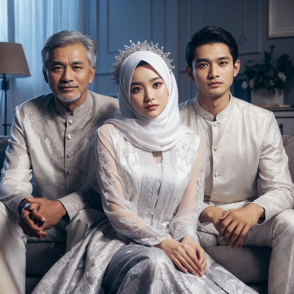 photo of an Indonesian family, three members, 50 year old father, 20 year old girl wearing a hijab, 20 year old man, they are compactly wearing luxurious white batik clothes combined with gray, sitting on luxury living room chairs, living room wall background, studio photo, realistic , blue lighting, ultra HD, 8k