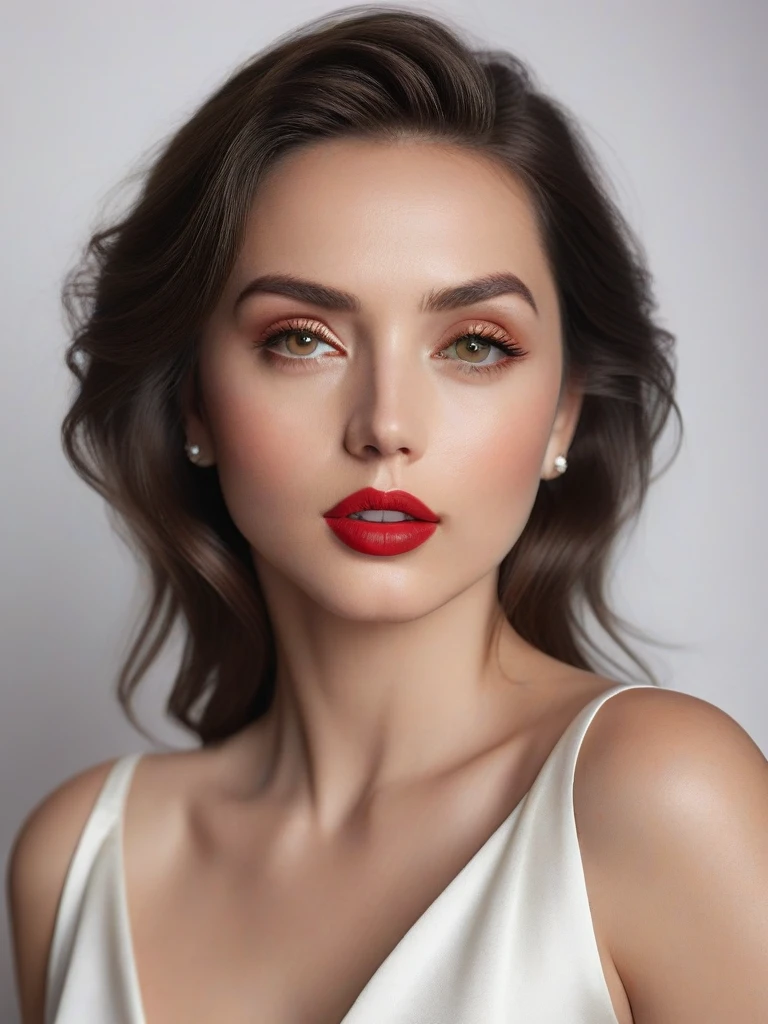 (best quality,4k,8k,highres,masterpiece:1.2),ultra-detailed,(realistic,photorealistic,photo-realistic:1.37),beautiful eyes,beautiful lips,detailed face,red lipstick,gorgeous woman,white dress,elegant fashion model,elegant look,long eyelashes,confident expression,flawless skin,posing gracefully,flowing fabric,soft and silky material,graceful movement,vibrant colors,artistic lighting,studio photo shoot, dreamy atmosphere