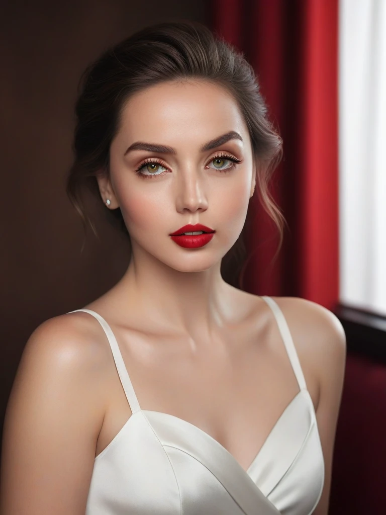 (best quality,4k,8k,highres,masterpiece:1.2),ultra-detailed,(realistic,photorealistic,photo-realistic:1.37),beautiful eyes,beautiful lips,detailed face,red lipstick,gorgeous woman,white dress,elegant fashion model,elegant look,long eyelashes,confident expression,flawless skin,posing gracefully,flowing fabric,soft and silky material,graceful movement,vibrant colors,artistic lighting,studio photo shoot, dreamy atmosphere