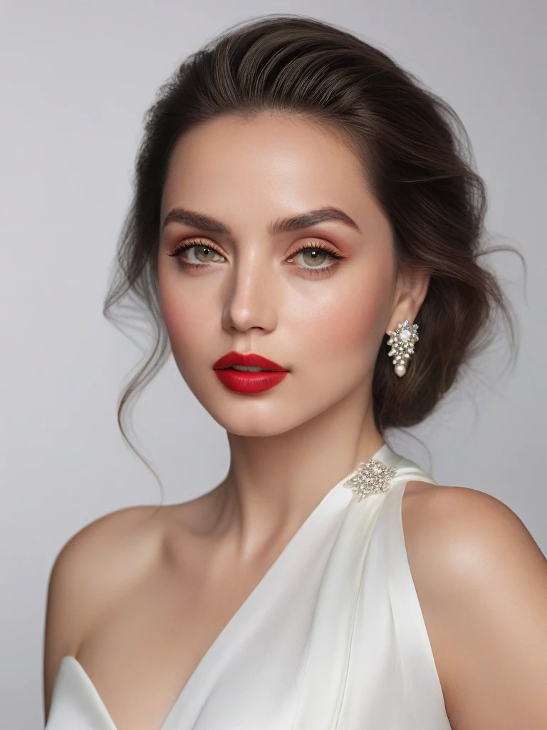 (best quality,4k,8k,highres,masterpiece:1.2),ultra-detailed,(realistic,photorealistic,photo-realistic:1.37),beautiful eyes,beautiful lips,detailed face,red lipstick,gorgeous woman,white dress,elegant fashion model,elegant look,long eyelashes,confident expression,flawless skin,posing gracefully,flowing fabric,soft and silky material,graceful movement,vibrant colors,artistic lighting,studio photo shoot, dreamy atmosphere