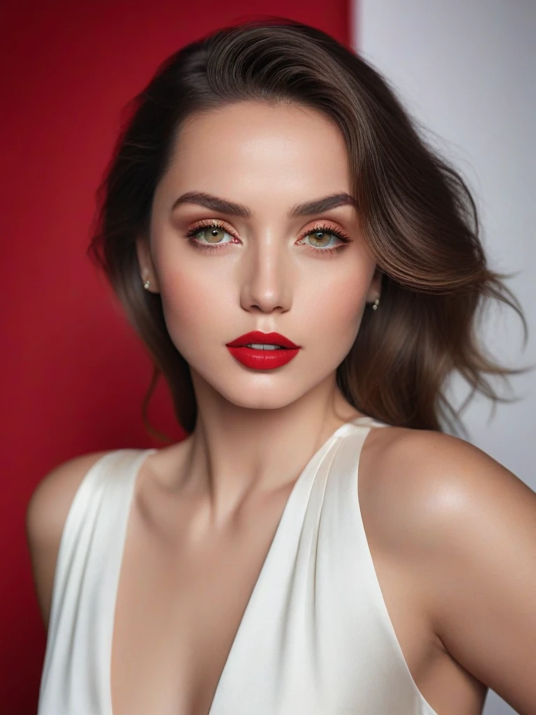 (best quality,4k,8k,highres,masterpiece:1.2),ultra-detailed,(realistic,photorealistic,photo-realistic:1.37),beautiful eyes,beautiful lips,detailed face,red lipstick,gorgeous woman,white dress,elegant fashion model,elegant look,long eyelashes,confident expression,flawless skin,posing gracefully,flowing fabric,soft and silky material,graceful movement,vibrant colors,artistic lighting,studio photo shoot, dreamy atmosphere