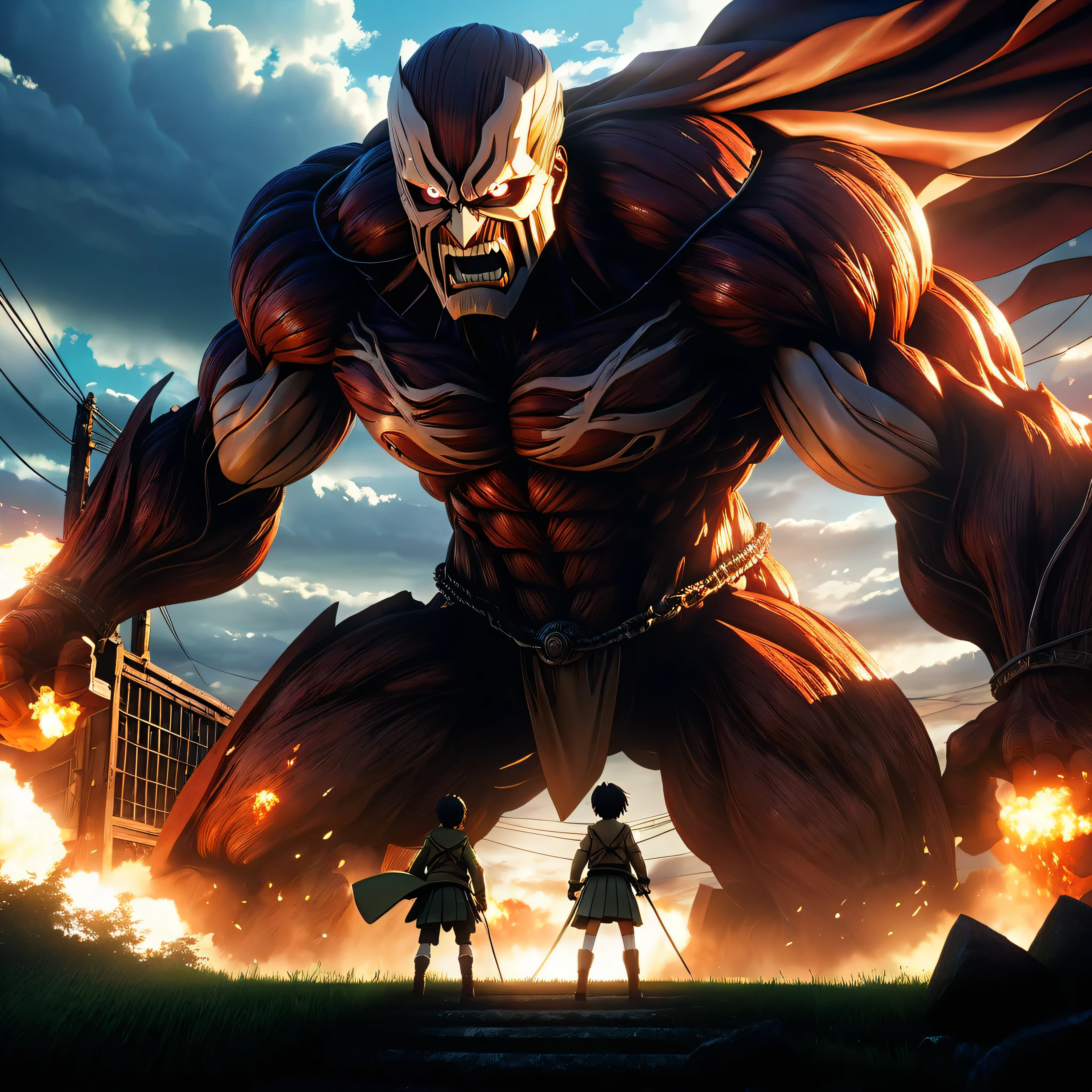 Attack on Titan, angry Giants, dark and gritty, Studio Ghibli, Anime Key Visual, by Makoto Shinkai, Deep Color, Intricate, Natural Lighting, Beautiful Composition, (32k, ultra highest quality, epic masterpiece), (ultra Realistic, ultra professional photoRealistic: 1.37), Super detailed, ultra sharp-focus, ultra highdef, ultra highres, raw, nsfw, --v 6 --s 1000 --c 20 --q 5 --chaos 100