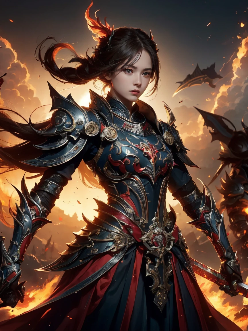 ((Low angle view)), ((Detailed background)), ((Battlefield, group of armies)), (masterpiece, top quality, best quality, official art, beautiful and aesthetic:1.2), (1girl),craft a Hyper-realistic portrayal of a futuristic (1girl1.2), beautiful character donned in intricate armor surrounded by captivating flames, an epic long (sword:1.2), Dynamic pose, Random pose, Dynamic angle, battle stance, Meticulous details capture the intense fusion of tradition and innovation in this visually stunning composition. Trending on Artstation. Perfect lighting,,