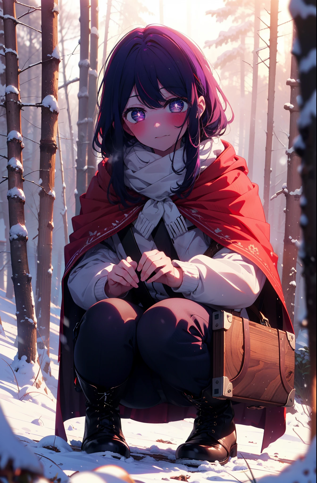 aihoshino, Ai Hoshino, Long Hair, bangs, (Purple eyes:1.1), Purple Hair, (Symbol-shaped pupil:1.5), smile,,smile,blush,White Breath,
Open your mouth,snow,Ground bonfire, Outdoor, boots, snowing, From the side, wood, suitcase, Cape, Blurred, , forest, White handbag, nature, Squat, Mouth closed, Cape, winter, Written boundary depth, Black shoes, red Cape break looking at viewer, Upper Body, whole body, break Outdoor, forest, nature, break (masterpiece:1.2), Highest quality, High resolution, unity 8k wallpaper, (shape:0.8), (Beautiful and beautiful eyes:1.6), Highly detailed face, Perfect lighting, Extremely detailed CG, (Perfect hands, Perfect Anatomy),