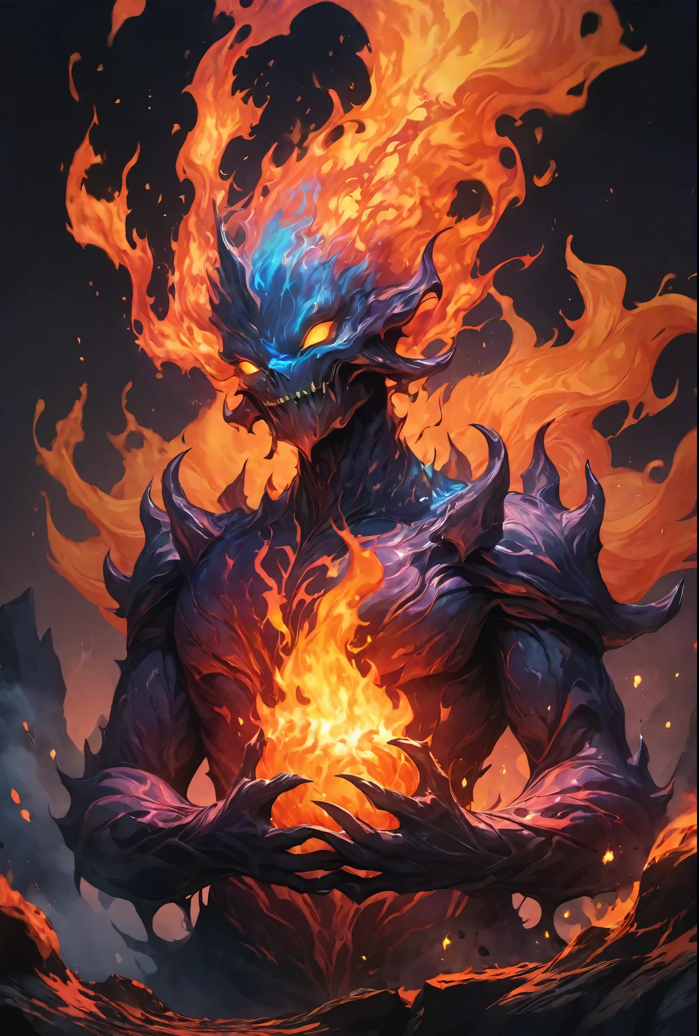  ((Best quality, 8K, Masterpiece: 1.4)),((Amazing detail: 1.3)),((illustration: 1.2)),((high resolution: 1.1)),Eldritch,flame elemental, fire demon, luminous fire elemental,Empty background,astral,Viscous liquid,Colorful, vapor, Dark style, Dark fantasy, Perfect hand,Murderous face,Human toch,lava