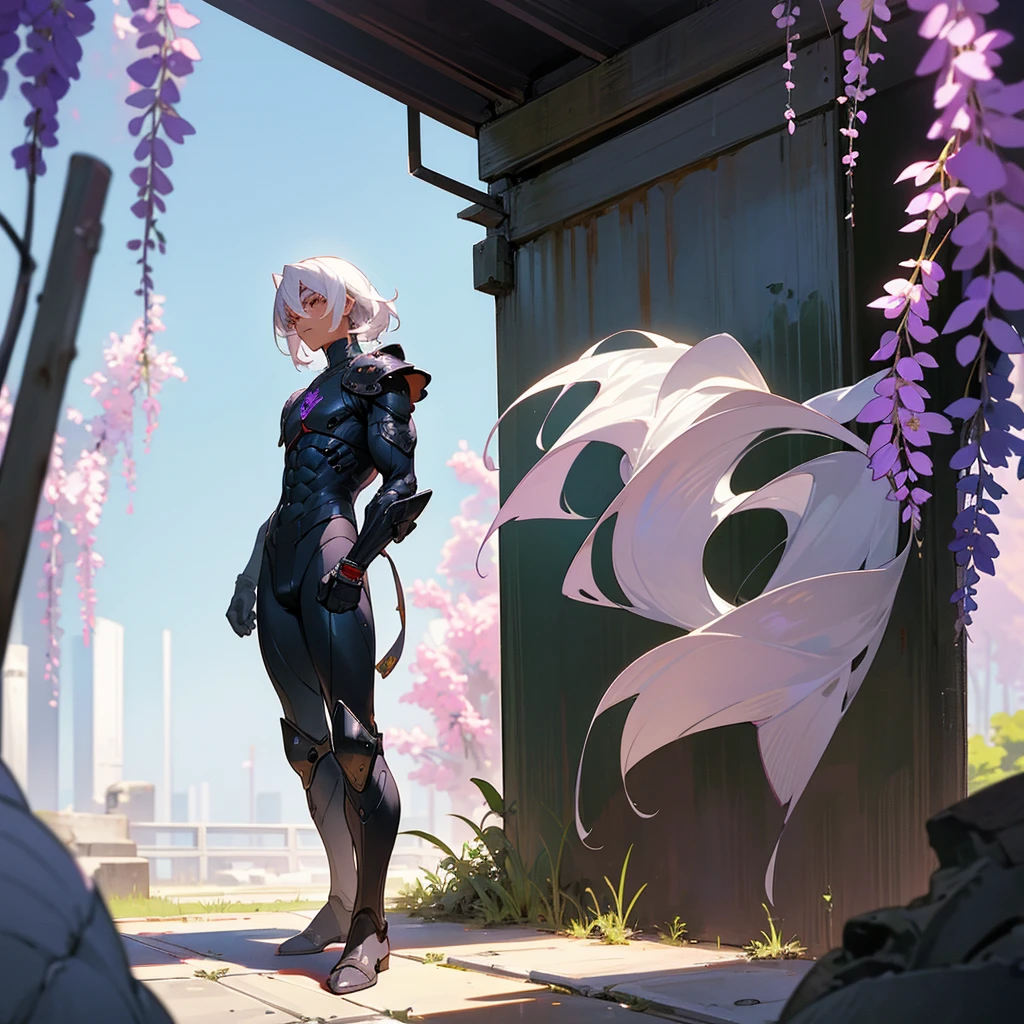 1male, young adult, dark skin, finely detailed plum eyes, wild medium hair, seashell white hair color, full body combat suit, shoulder armor pieces, combat boots, baggy miltarty combat pants, standing on ruined building, day time, tokyo streets, somber expression, muscular, tattoos, wisteria flowers, scars