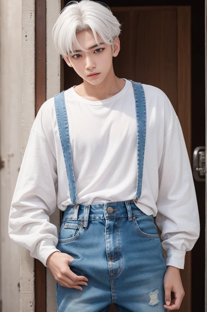 Boy with one white eye and the other brown and a lock of white hair white t-shirt denim blouse 