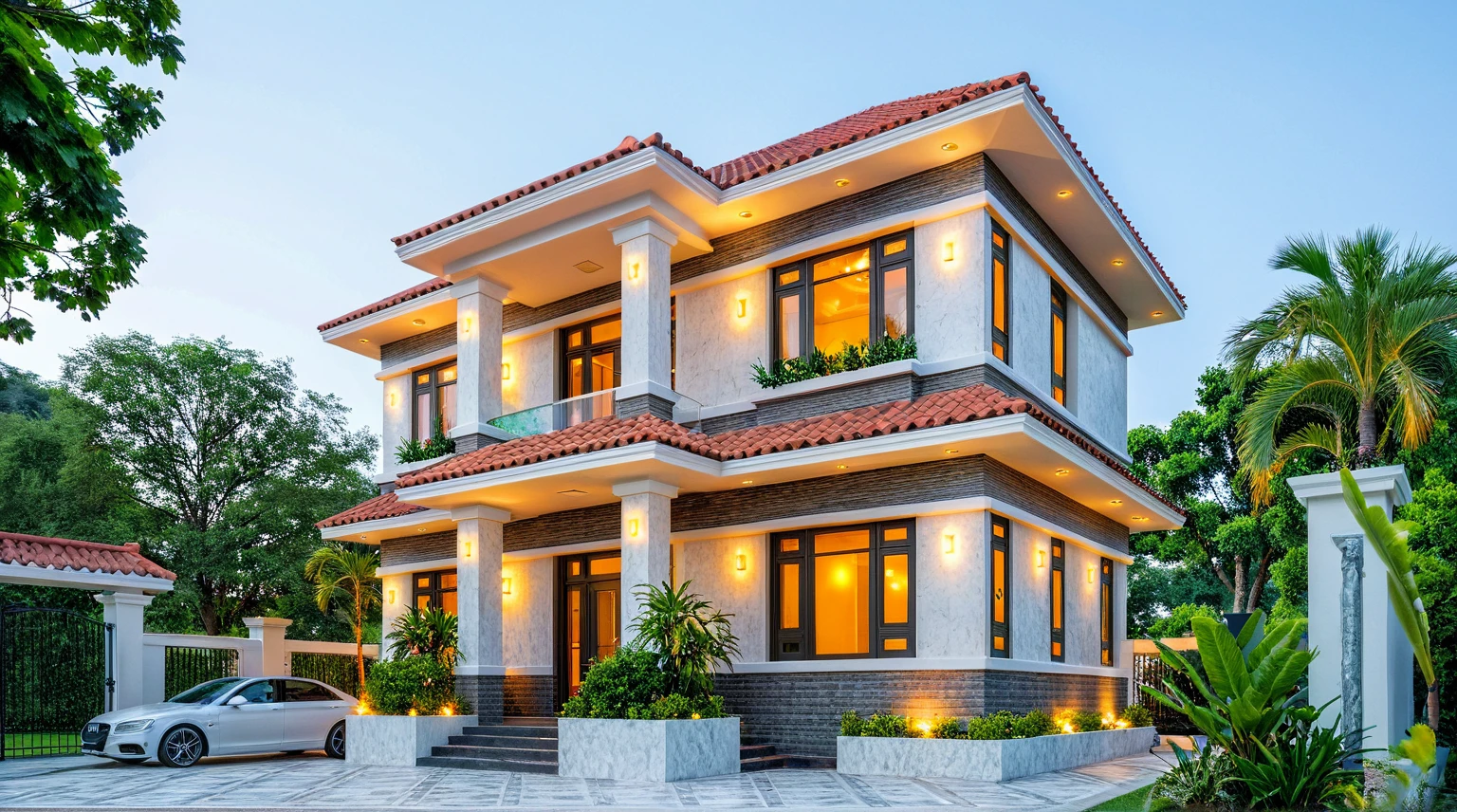 Masterpiece, high-end, best quality, authentic, super detailed, outdoor, aiaigroup, neoclassical villa style, stairs, white walls combined with conwood, wind encaustic tiles, green tiles, iron gates, conwood ceilings , flowers, path, summer evening, grass, trees, sky, clouds, (daylight: 1.1)