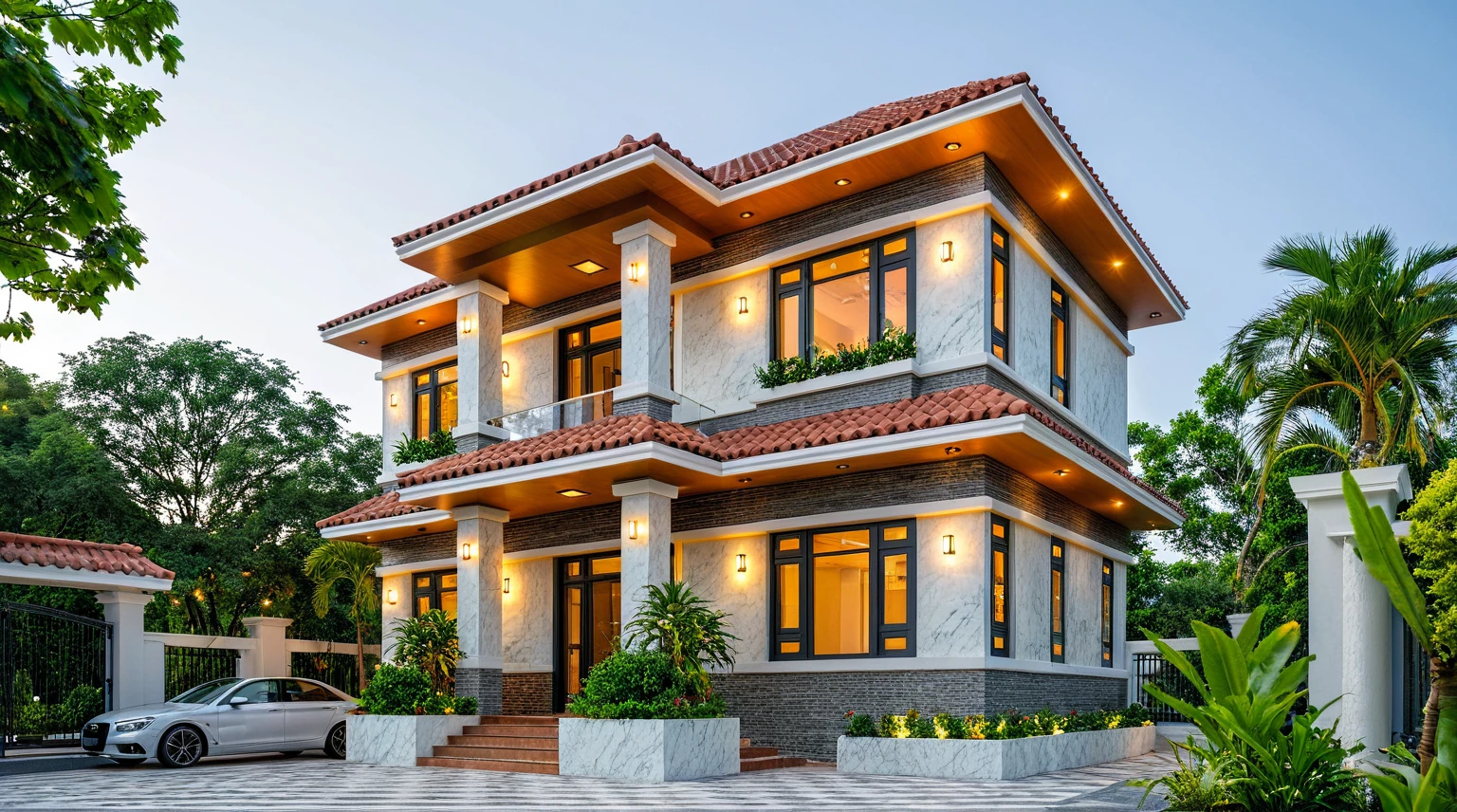 Masterpiece, high-end, best quality, authentic, super detailed, outdoor, aiaigroup, neoclassical villa style, stairs, white walls combined with conwood, wind encaustic tiles, green tiles, iron gates, conwood ceilings , flowers, path, summer evening, grass, trees, sky, clouds, (daylight: 1.1)